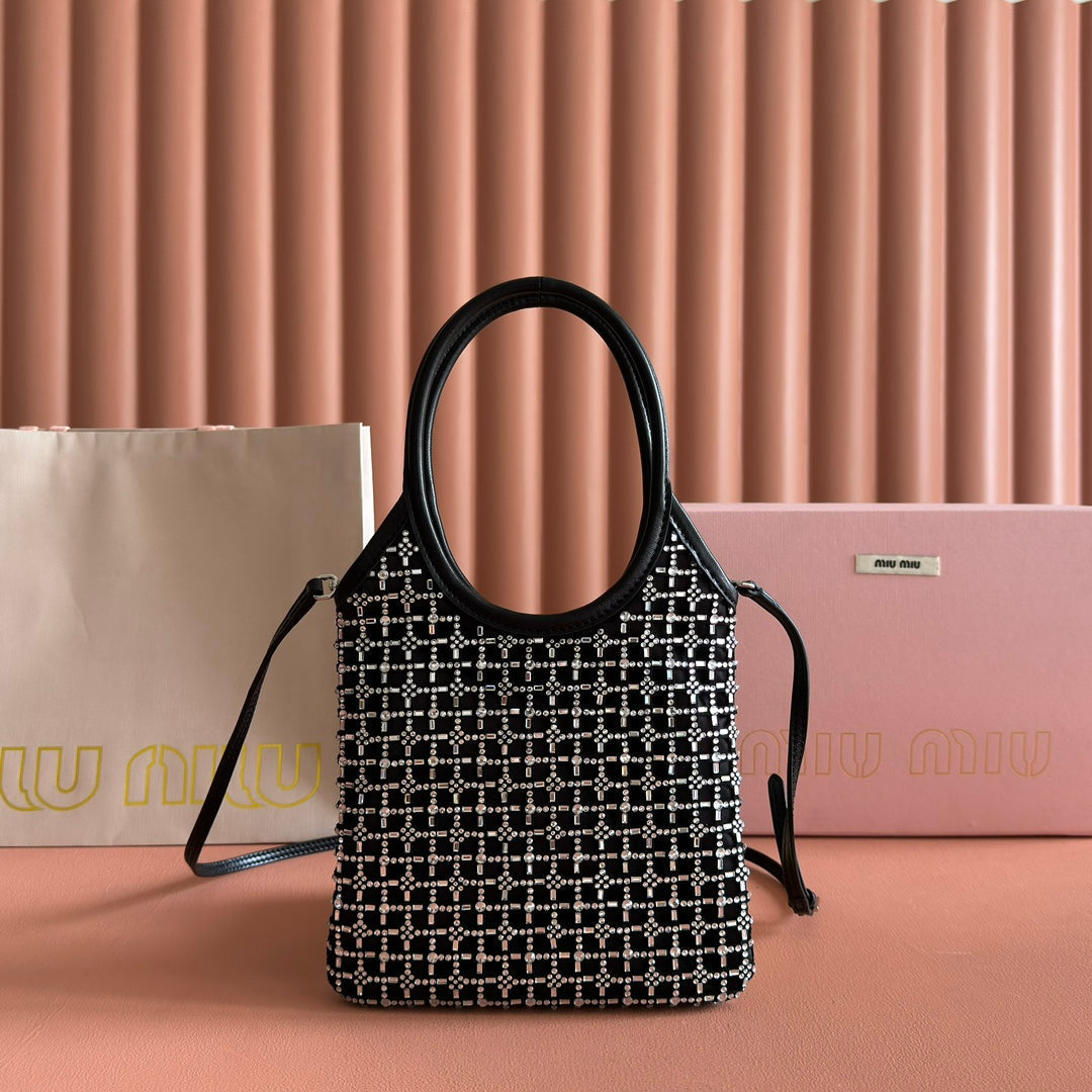 MIU MIU MIUMIU 26S CRYSTAL TOTE 24 BAG IN BLACK CALFSKIN