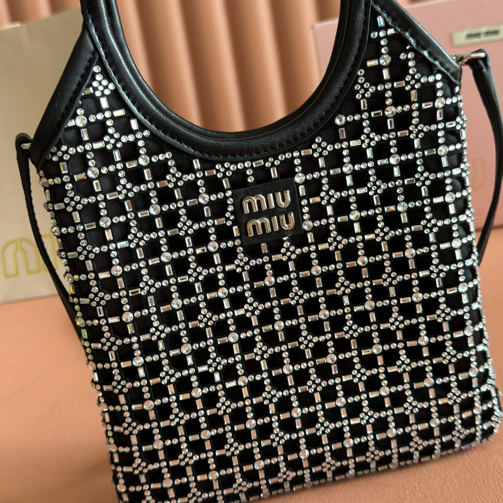 MIU MIU MIUMIU 26S CRYSTAL TOTE 24 BAG IN BLACK CALFSKIN