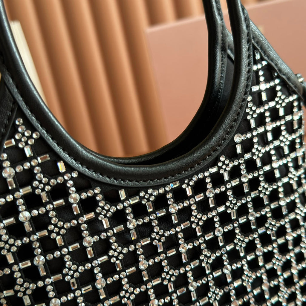 MIU MIU MIUMIU 26S CRYSTAL TOTE 24 BAG IN BLACK CALFSKIN