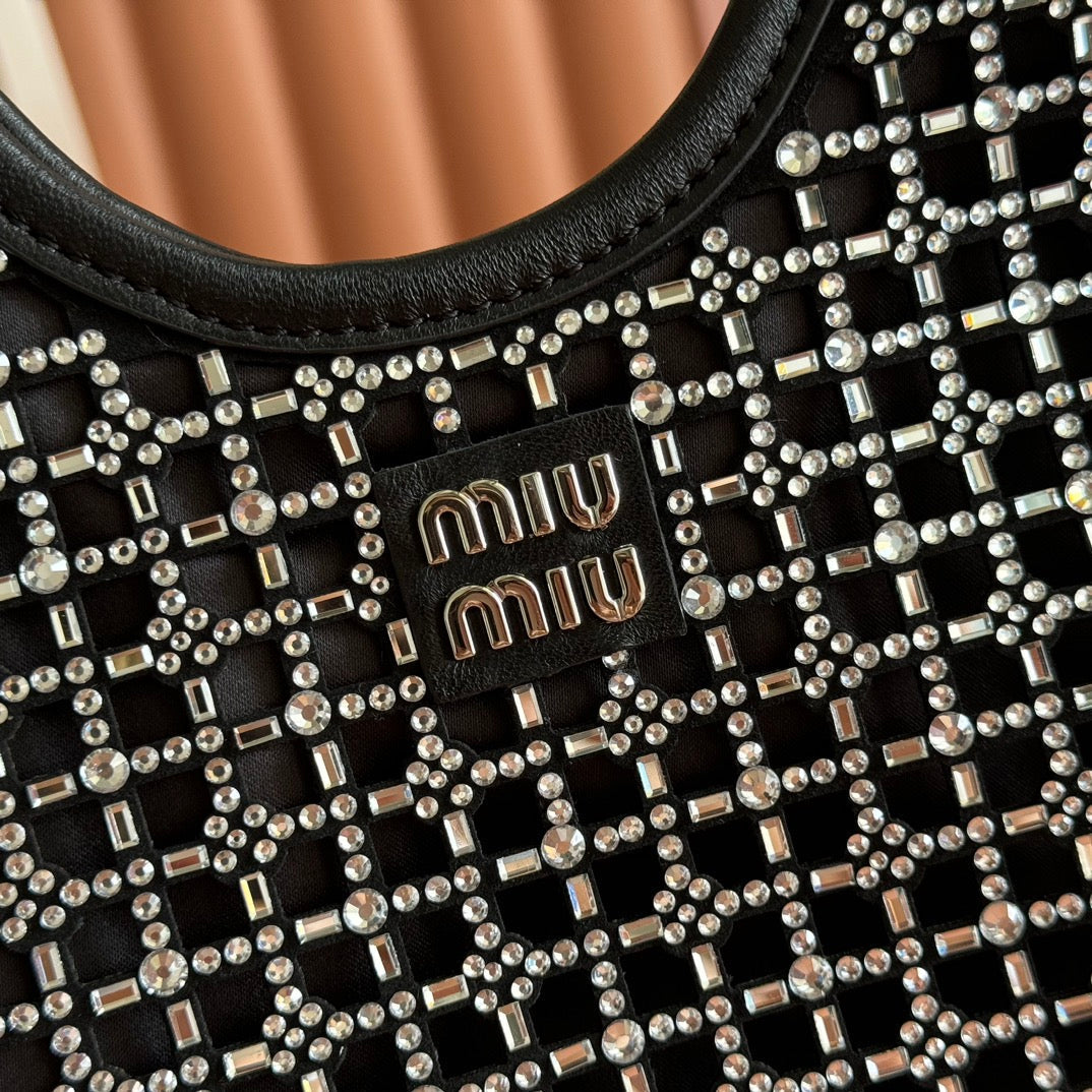 MIU MIU MIUMIU 26S CRYSTAL TOTE 24 BAG IN BLACK CALFSKIN