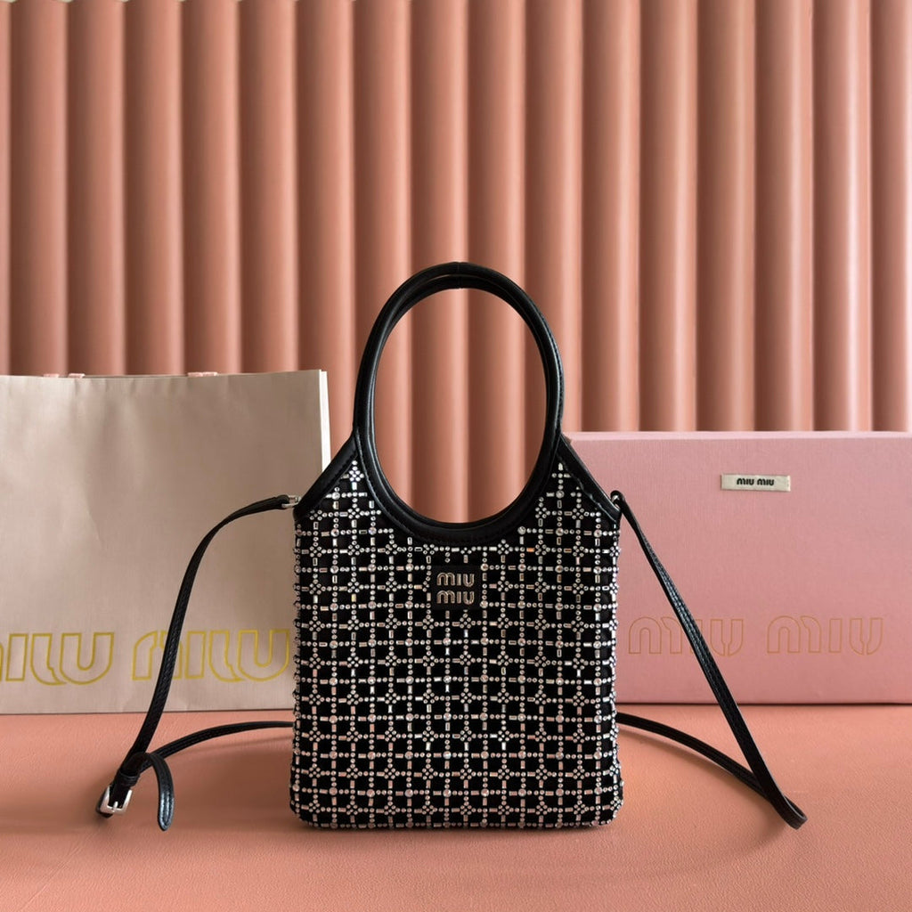 MIU MIU MIUMIU 26S CRYSTAL TOTE 24 BAG IN BLACK CALFSKIN