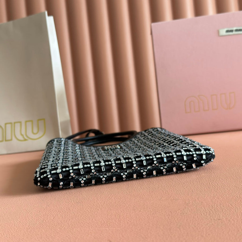 MIU MIU MIUMIU 26S CRYSTAL TOTE 24 BAG IN BLACK CALFSKIN