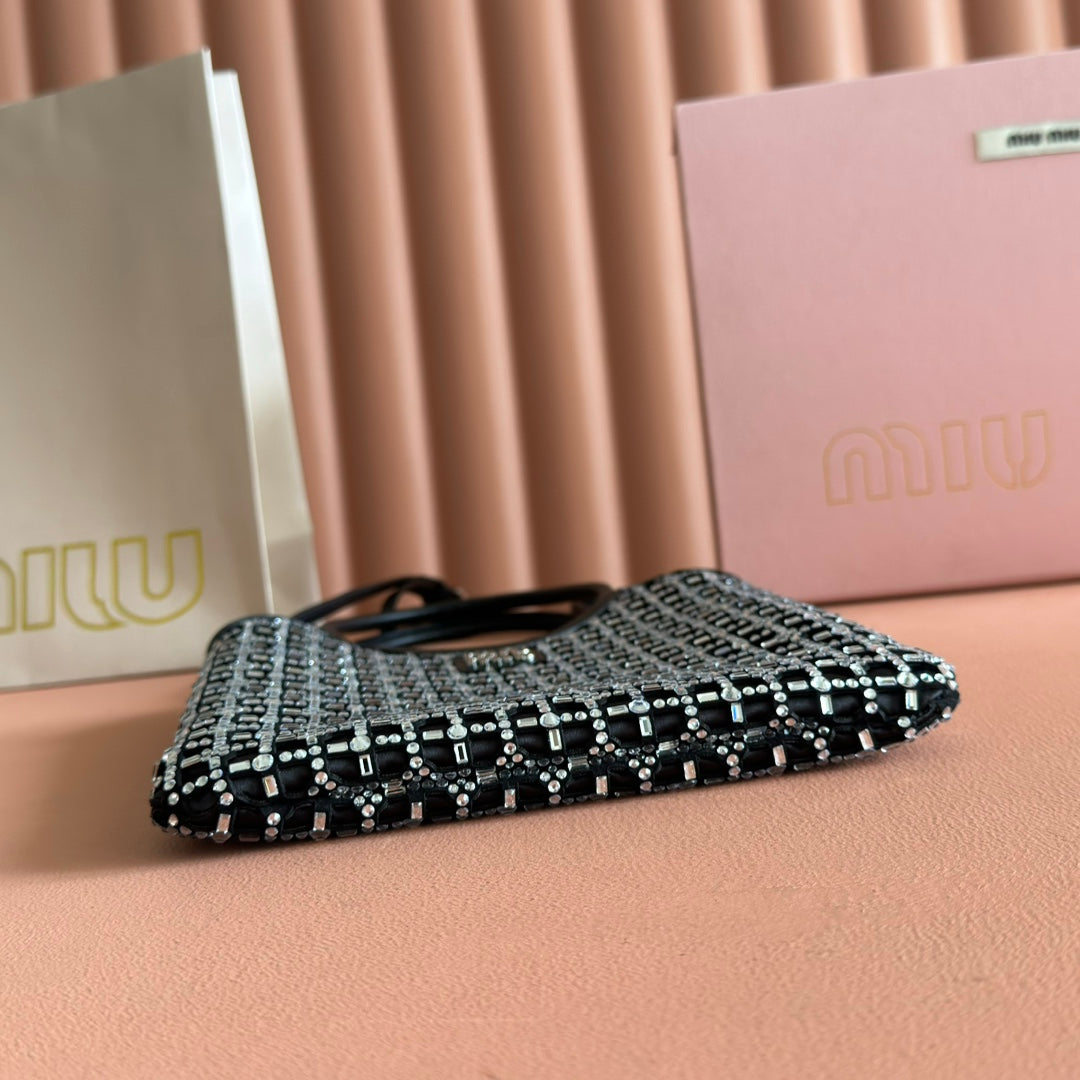 MIU MIU MIUMIU 26S CRYSTAL TOTE 24 BAG IN BLACK CALFSKIN