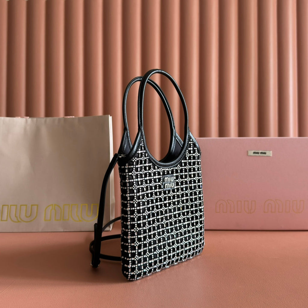 MIU MIU MIUMIU 26S CRYSTAL TOTE 24 BAG IN BLACK CALFSKIN