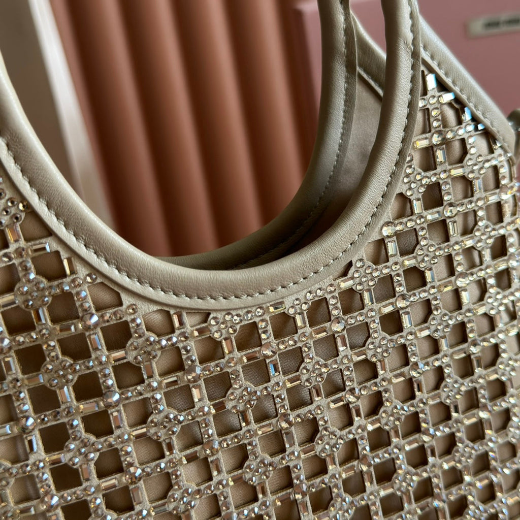 MIU MIU MIUMIU 26S CRYSTAL TOTE 24 BAG IN DARK BEIGE CALFSKIN