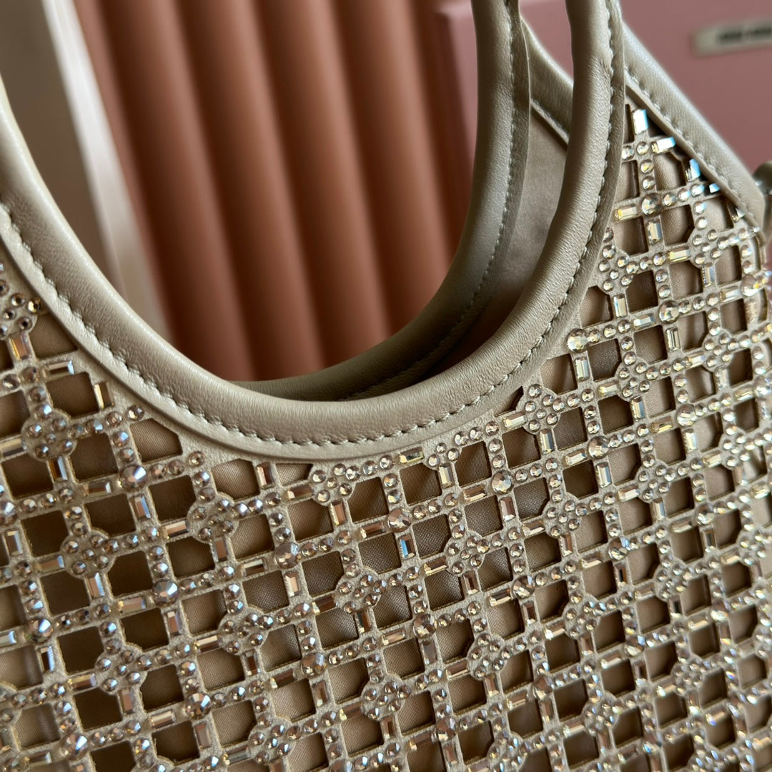 MIU MIU MIUMIU 26S CRYSTAL TOTE 24 BAG IN DARK BEIGE CALFSKIN