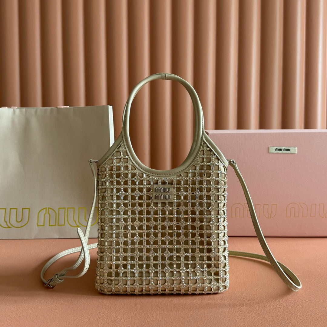 MIU MIU MIUMIU 26S CRYSTAL TOTE 24 BAG IN DARK BEIGE CALFSKIN