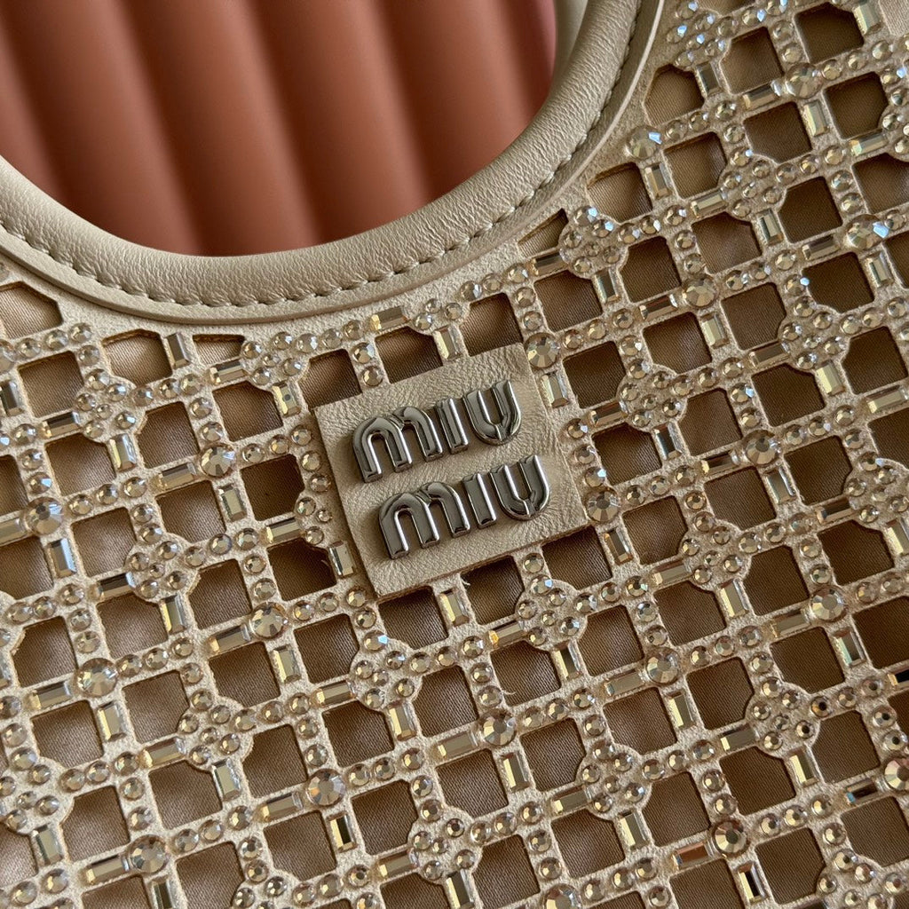 MIU MIU MIUMIU 26S CRYSTAL TOTE 24 BAG IN DARK BEIGE CALFSKIN