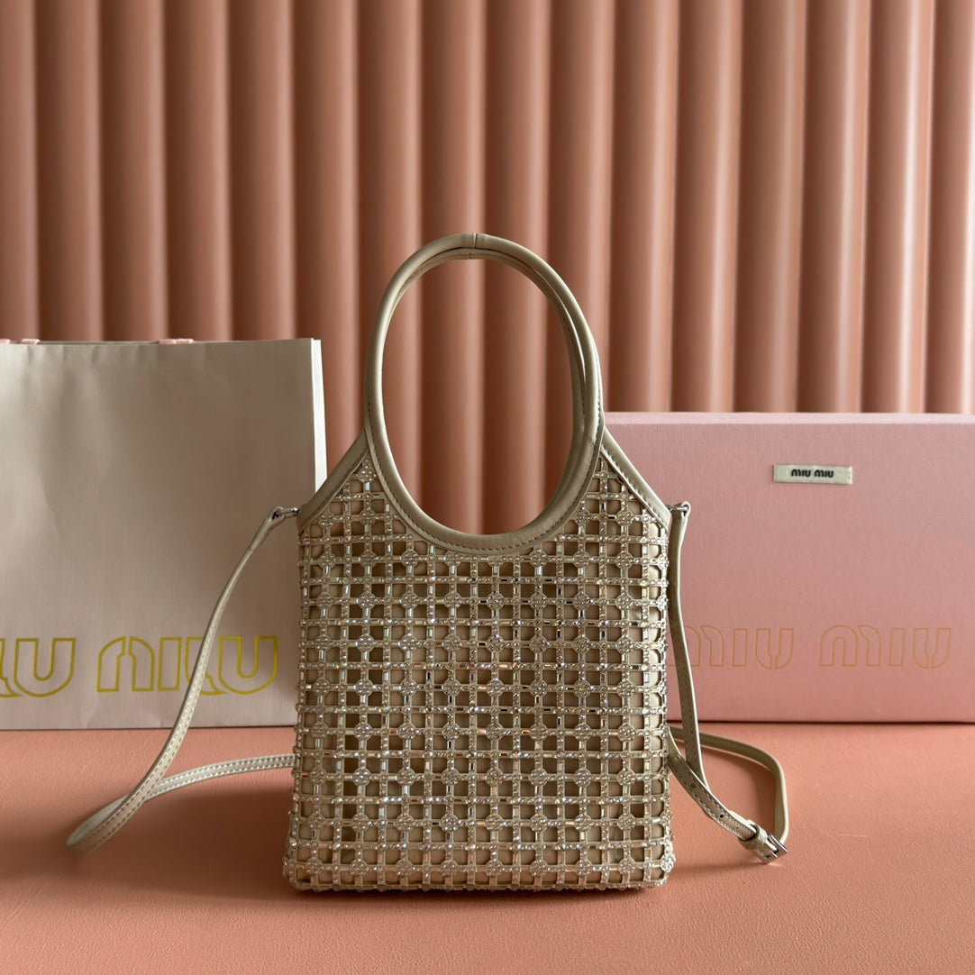 MIU MIU MIUMIU 26S CRYSTAL TOTE 24 BAG IN DARK BEIGE CALFSKIN