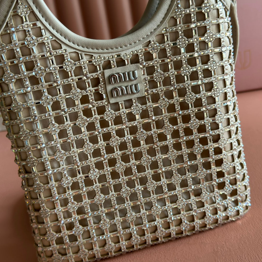 MIU MIU MIUMIU 26S CRYSTAL TOTE 24 BAG IN DARK BEIGE CALFSKIN