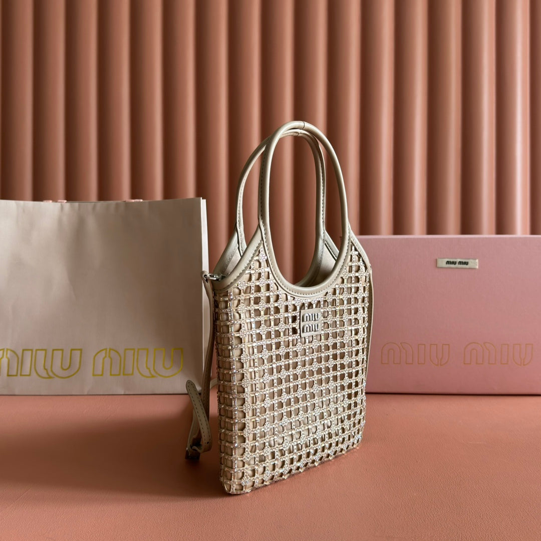 MIU MIU MIUMIU 26S CRYSTAL TOTE 24 BAG IN DARK BEIGE CALFSKIN