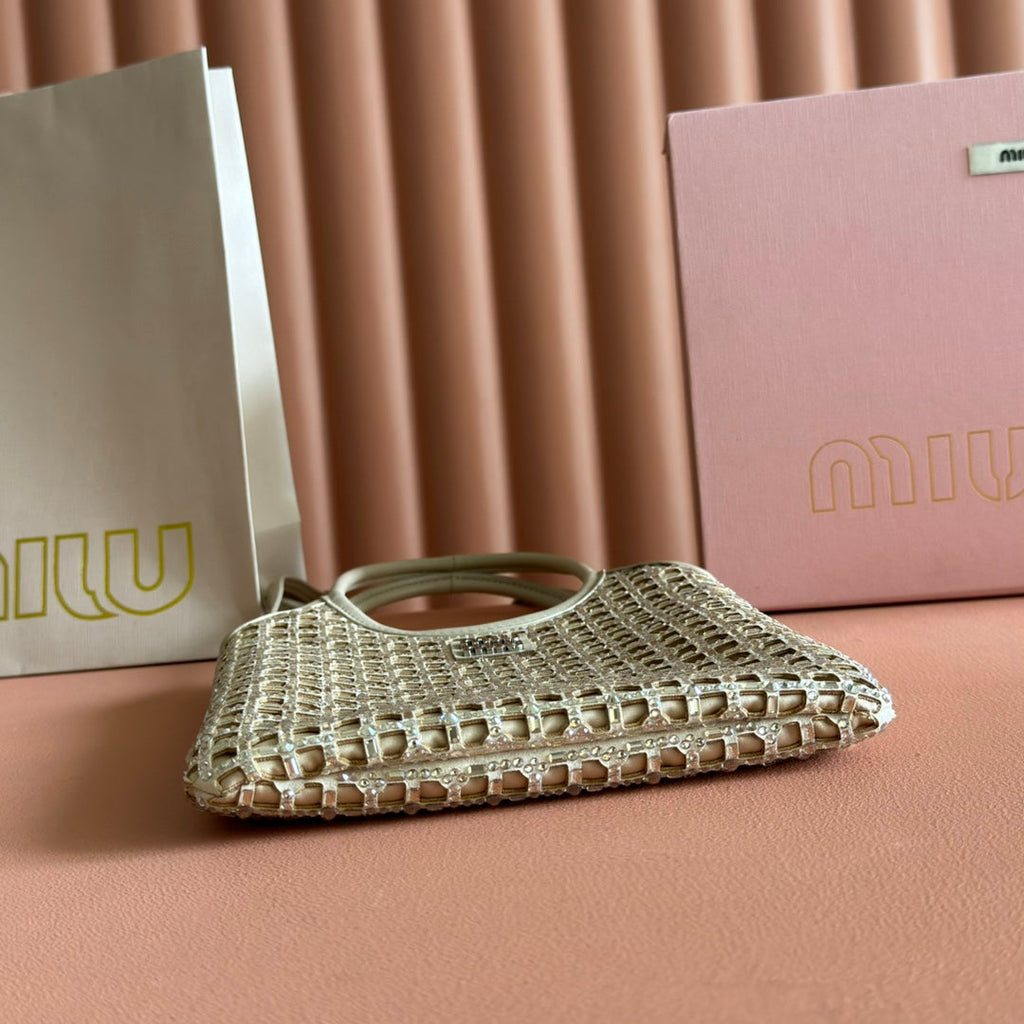 MIU MIU MIUMIU 26S CRYSTAL TOTE 24 BAG IN DARK BEIGE CALFSKIN