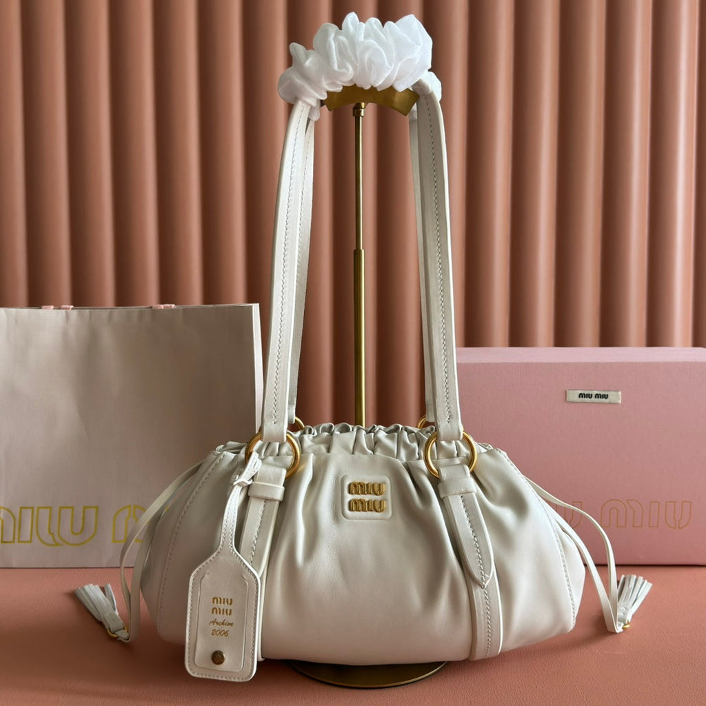 MIU MIU MIUMIU 26S JOIE HAND BAG 32 IN WHITE SHINY LAMBSKIN GOLD HARDWARE