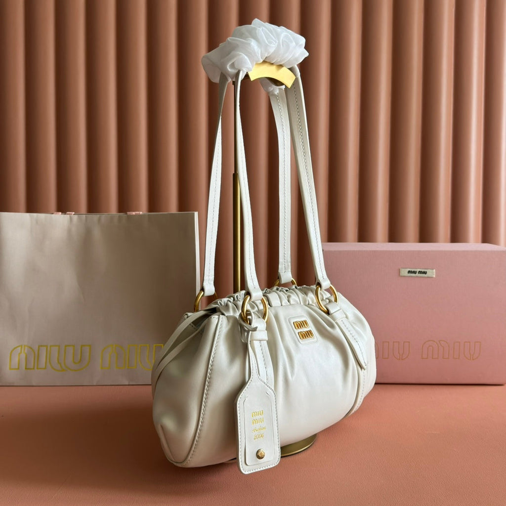 MIU MIU MIUMIU 26S JOIE HAND BAG 32 IN WHITE SHINY LAMBSKIN GOLD HARDWARE
