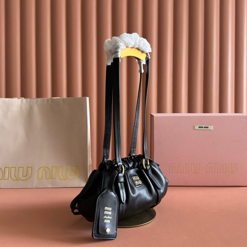 MIU MIU MIUMIU 26S JOIE HAND BAG 22 IN BLACK SHINY LAMBSKIN GOLD HARDWARE