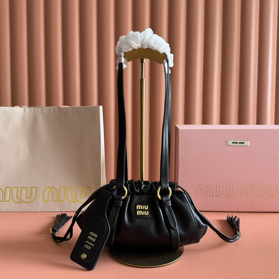 MIU MIU MIUMIU 26S JOIE HAND BAG 22 IN BLACK SHINY LAMBSKIN GOLD HARDWARE