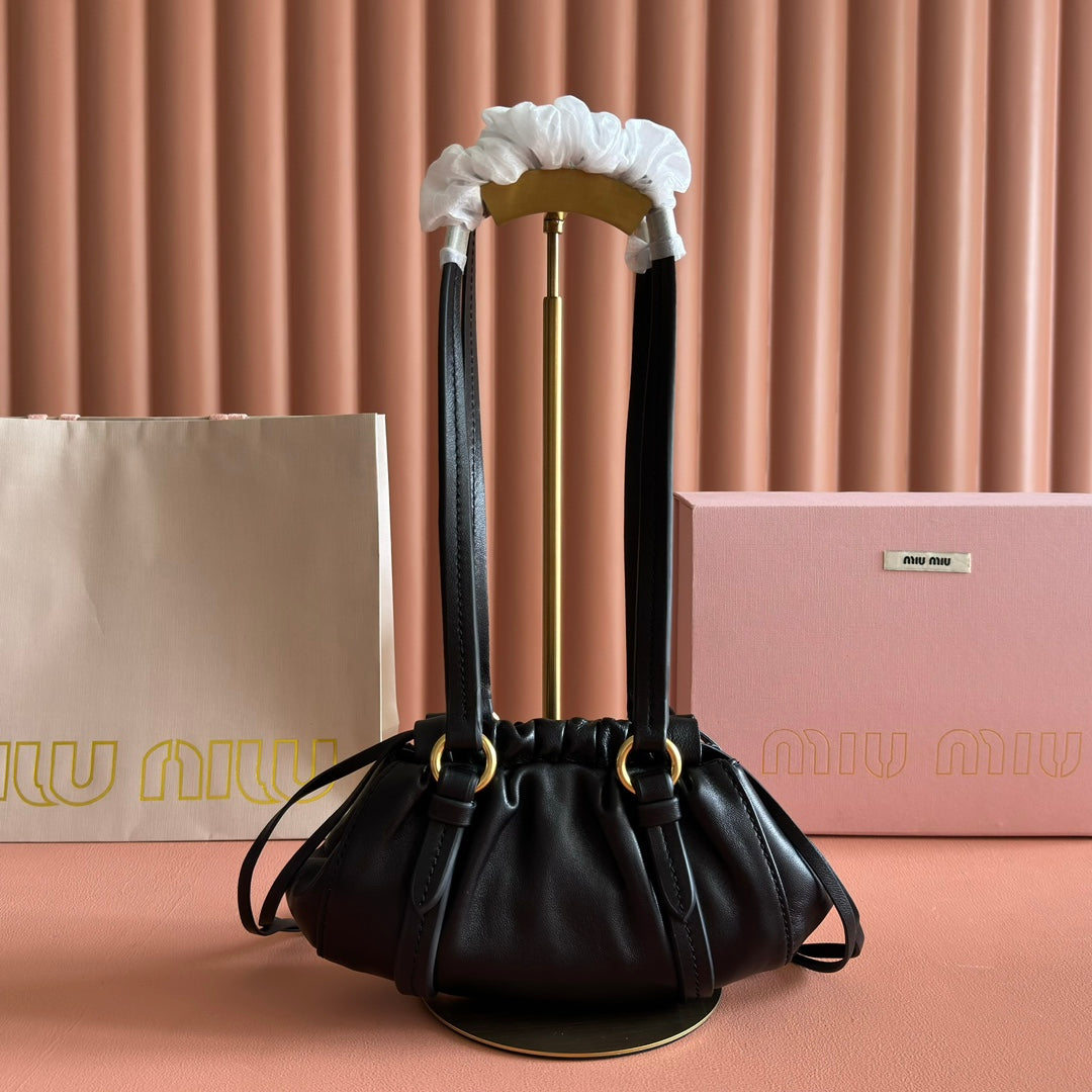 MIU MIU MIUMIU 26S JOIE HAND BAG 22 IN BLACK SHINY LAMBSKIN GOLD HARDWARE