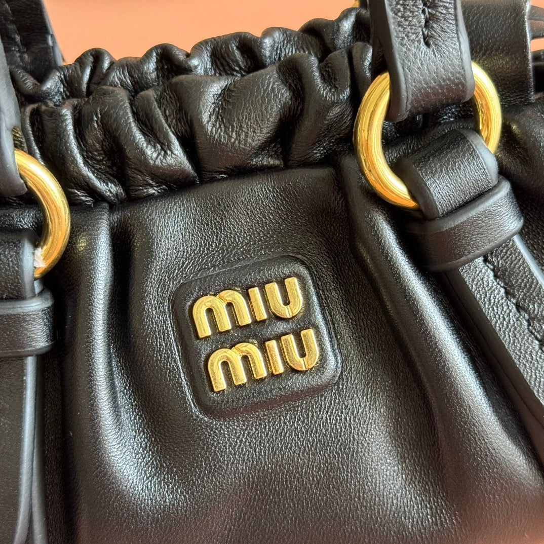 MIU MIU MIUMIU 26S JOIE HAND BAG 22 IN BLACK SHINY LAMBSKIN GOLD HARDWARE
