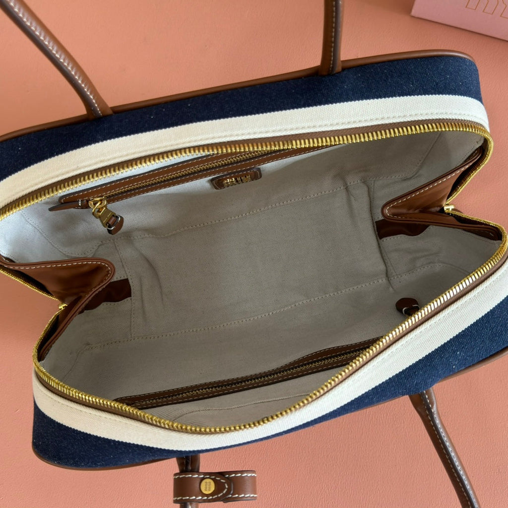 MIU MIU MIUMIU 25S BEAU BAG 34 DARK BLUE AND IVORY IN CANVAS AND CALFSKIN