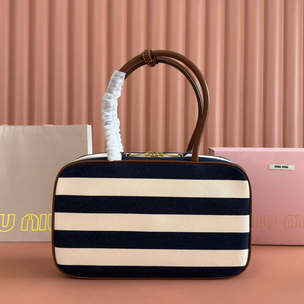 MIU MIU MIUMIU 25S BEAU BAG 34 DARK BLUE AND IVORY IN CANVAS AND CALFSKIN