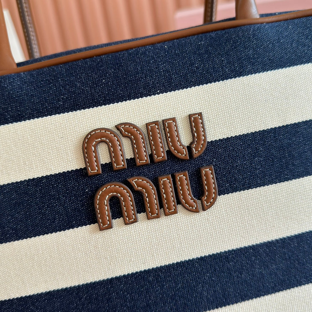 MIU MIU MIUMIU 25S BEAU BAG 34 DARK BLUE AND IVORY IN CANVAS AND CALFSKIN