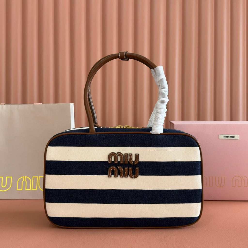 MIU MIU MIUMIU 25S BEAU BAG 34 DARK BLUE AND IVORY IN CANVAS AND CALFSKIN