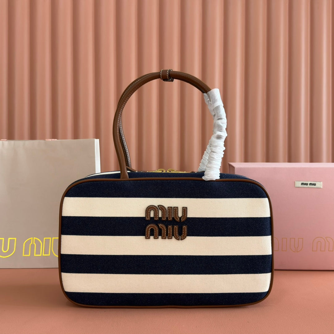 MIU MIU MIUMIU 25S BEAU BAG 34 DARK BLUE AND IVORY IN CANVAS AND CALFSKIN