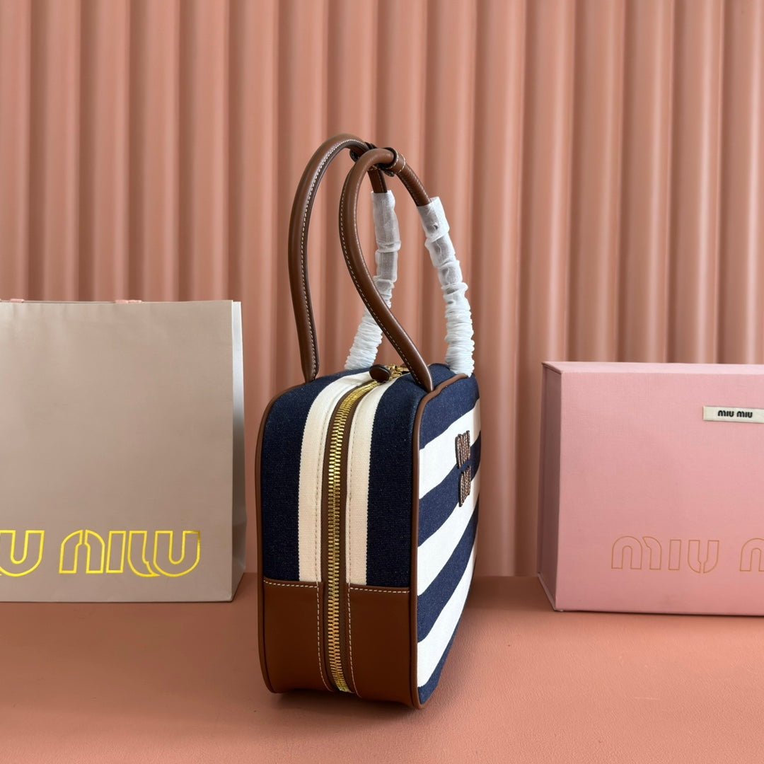 MIU MIU MIUMIU 25S BEAU BAG 34 DARK BLUE AND IVORY IN CANVAS AND CALFSKIN