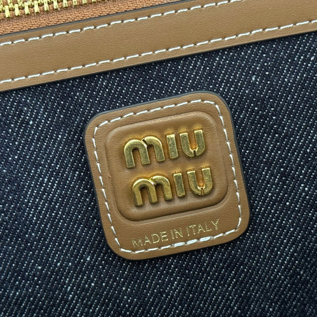 MIU MIU MIUMIU 25S BEAU DENIM BAG 34 IN DARK BLUE DENIM AND BROWN CALFSKIN
