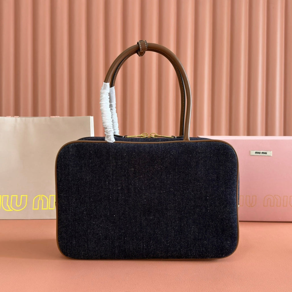MIU MIU MIUMIU 25S BEAU DENIM BAG 34 IN DARK BLUE DENIM AND BROWN CALFSKIN