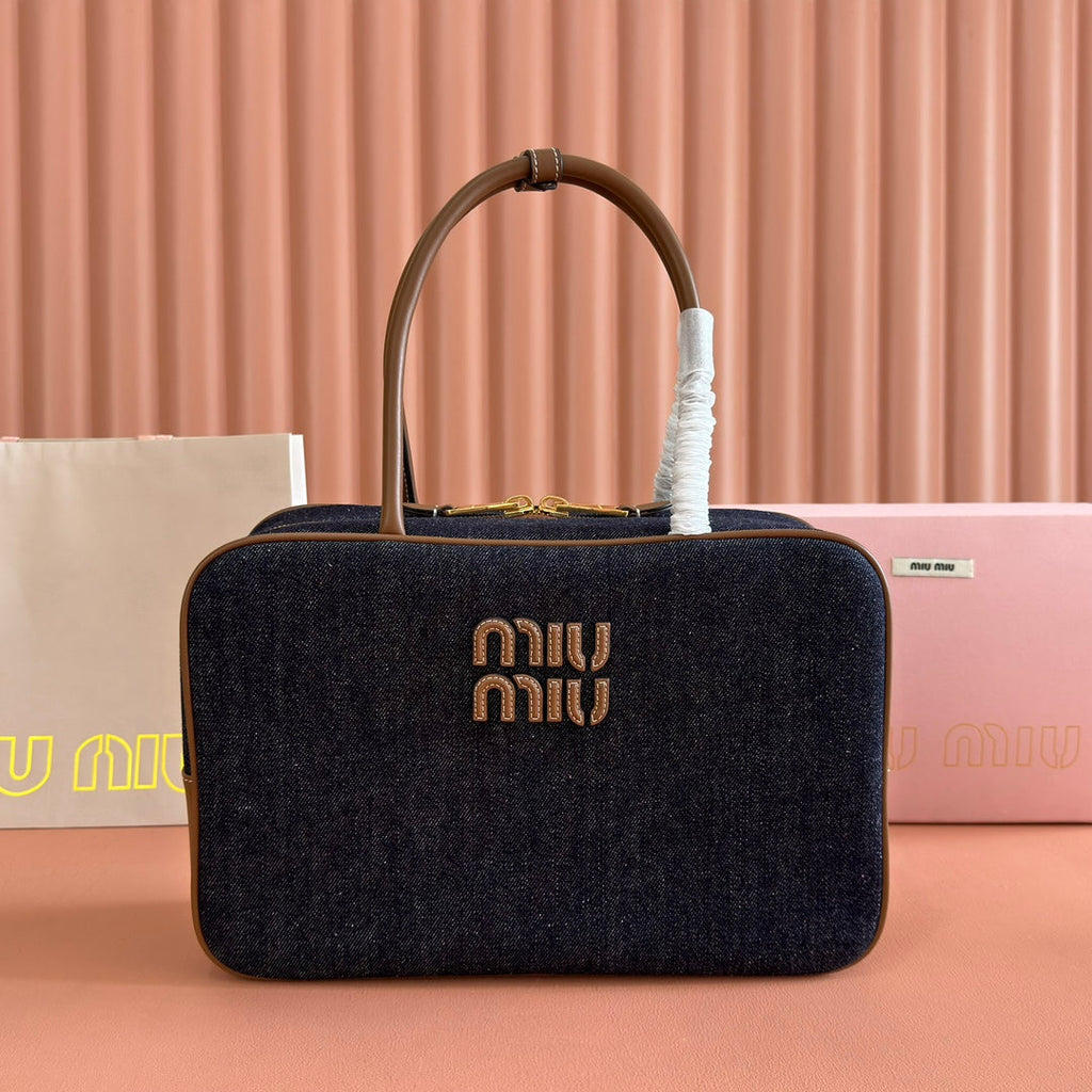 MIU MIU MIUMIU 25S BEAU DENIM BAG 34 IN DARK BLUE DENIM AND BROWN CALFSKIN