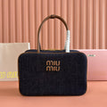 MIU MIU MIUMIU 25S BEAU DENIM BAG 34 IN DARK BLUE DENIM AND BROWN CALFSKIN