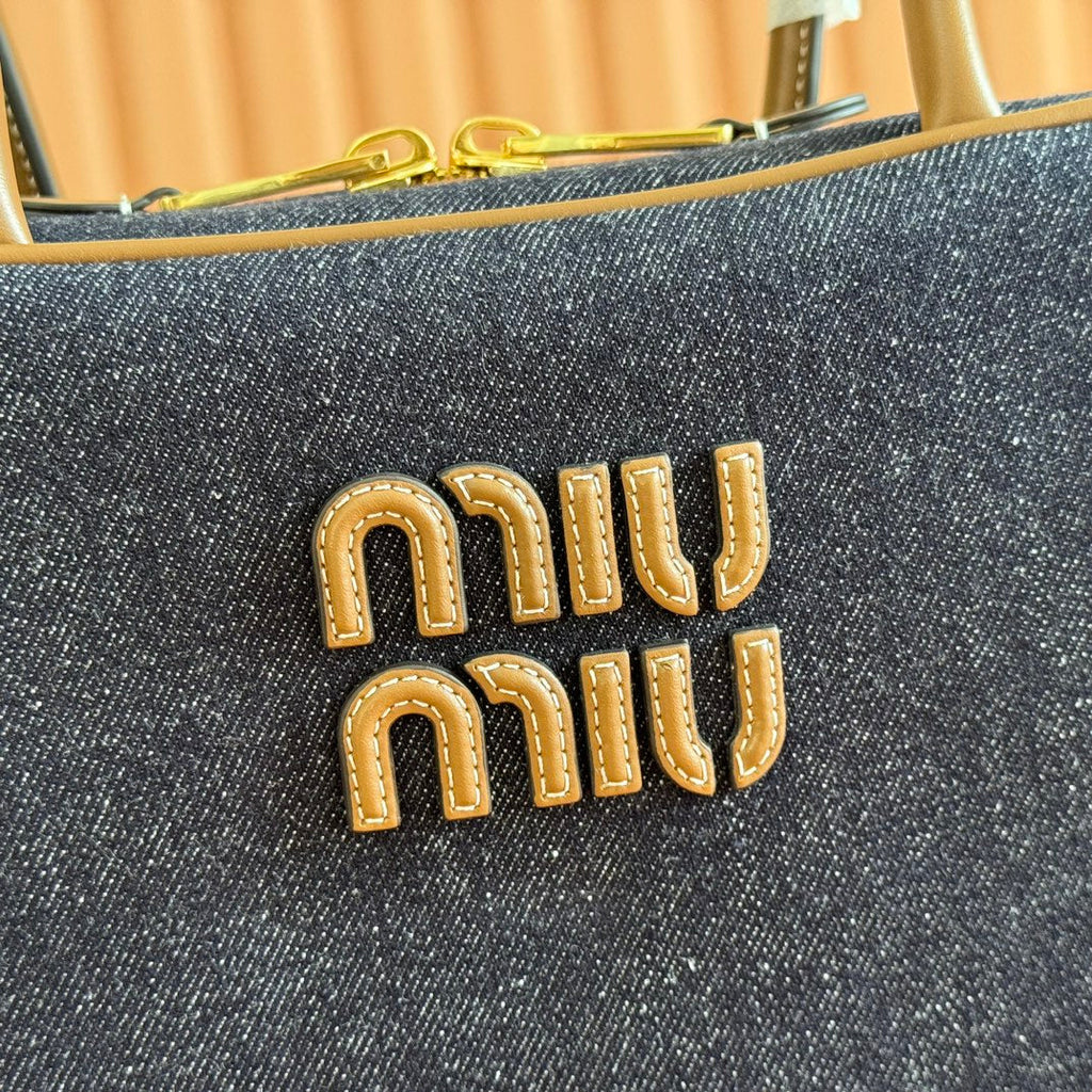 MIU MIU MIUMIU 25S BEAU DENIM BAG 34 IN DARK BLUE DENIM AND BROWN CALFSKIN