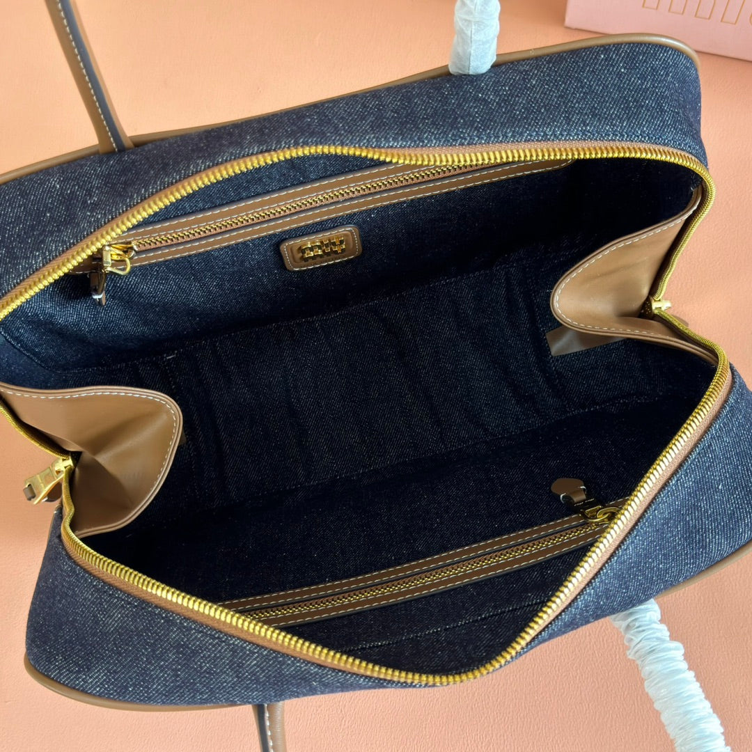 MIU MIU MIUMIU 25S BEAU DENIM BAG 34 IN DARK BLUE DENIM AND BROWN CALFSKIN