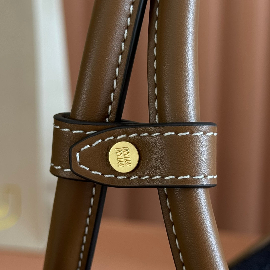 MIU MIU MIUMIU 25S BEAU DENIM BAG 34 IN DARK BLUE DENIM AND BROWN CALFSKIN