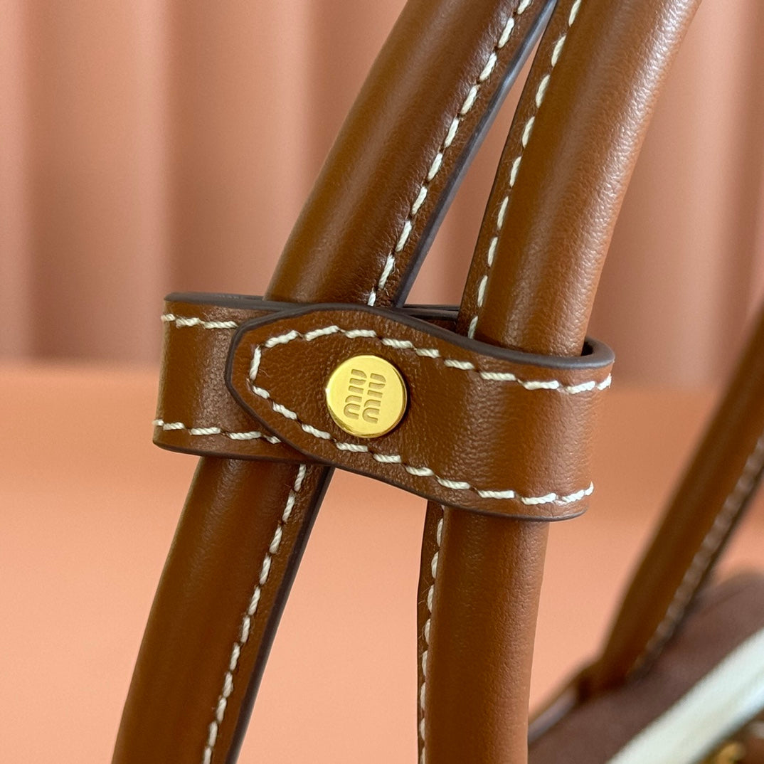 MIU MIU MIUMIU 25S BEAU BAG 28 BROWN AND BEIGE STRIPES IN CANVAS AND CALFSKIN