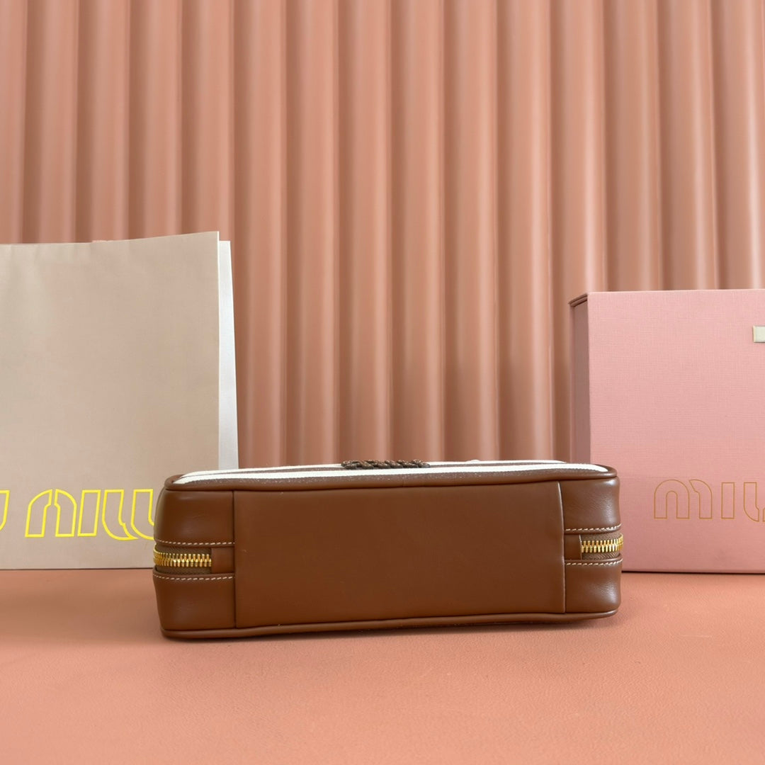 MIU MIU MIUMIU 25S BEAU BAG 28 BROWN AND BEIGE STRIPES IN CANVAS AND CALFSKIN