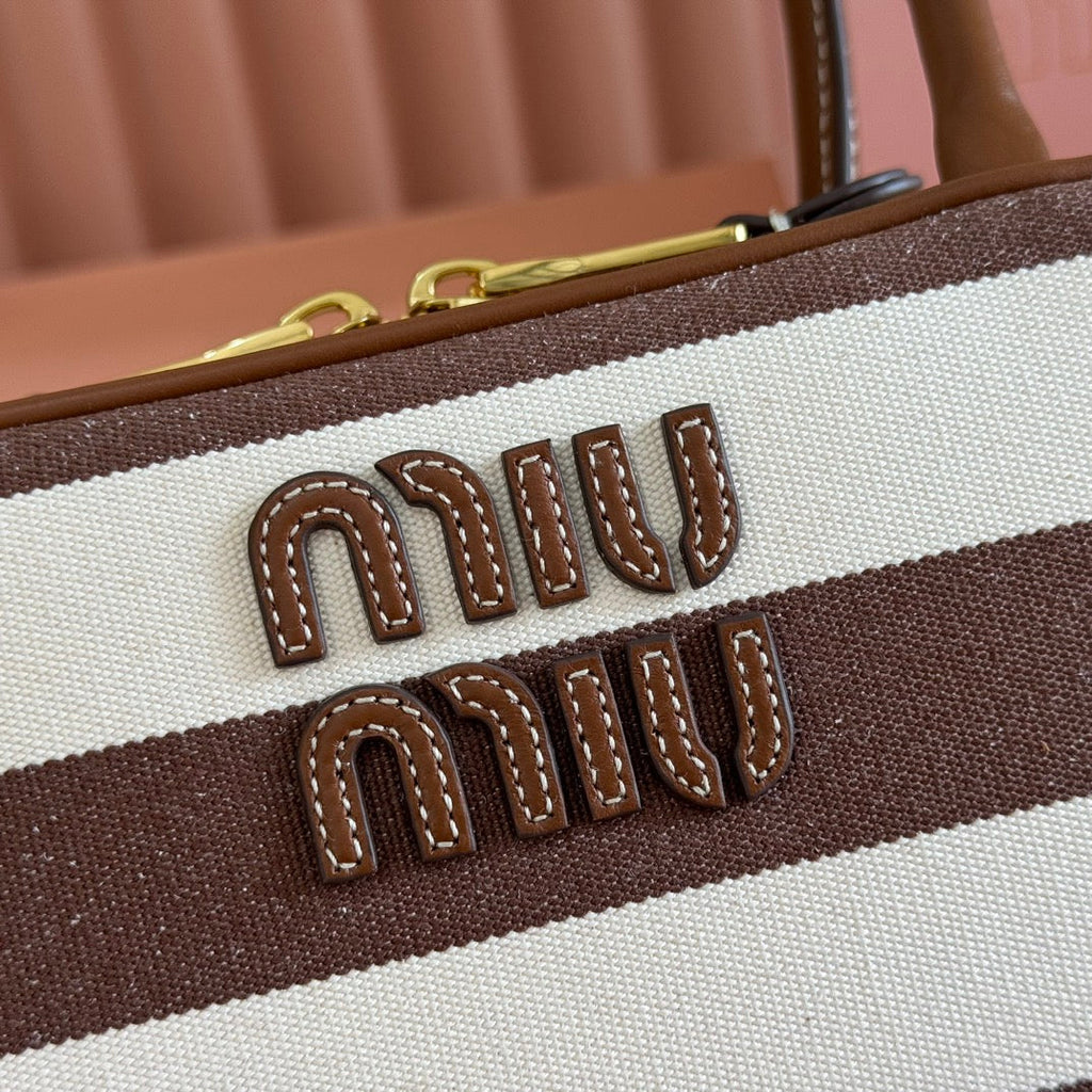 MIU MIU MIUMIU 25S BEAU BAG 28 BROWN AND BEIGE STRIPES IN CANVAS AND CALFSKIN