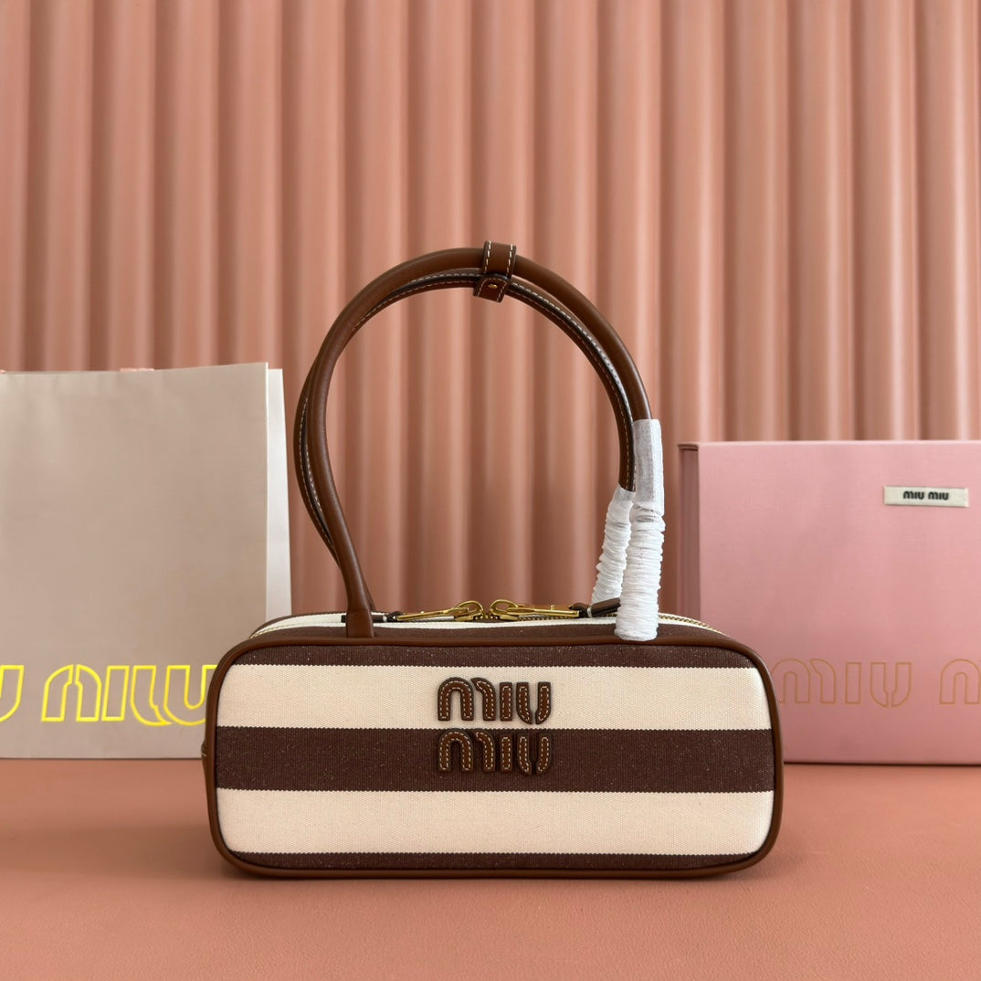 MIU MIU MIUMIU 25S BEAU BAG 28 BROWN AND BEIGE STRIPES IN CANVAS AND CALFSKIN
