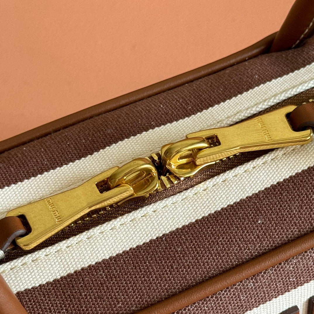 MIU MIU MIUMIU 25S BEAU BAG 28 BROWN AND BEIGE STRIPES IN CANVAS AND CALFSKIN