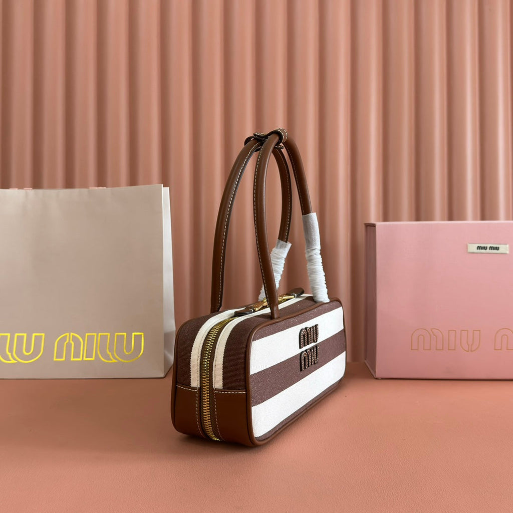 MIU MIU MIUMIU 25S BEAU BAG 28 BROWN AND BEIGE STRIPES IN CANVAS AND CALFSKIN