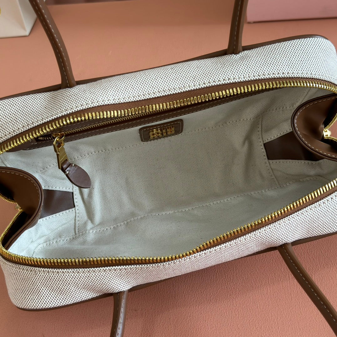 MIU MIU MIUMIU 25S BEAU BAG 28 BROWN AND BEIGE STRIPES IN CANVAS AND CALFSKIN