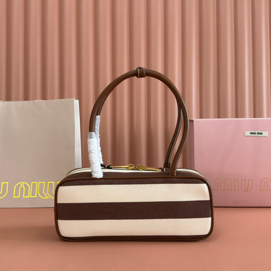 MIU MIU MIUMIU 25S BEAU BAG 28 BROWN AND BEIGE STRIPES IN CANVAS AND CALFSKIN