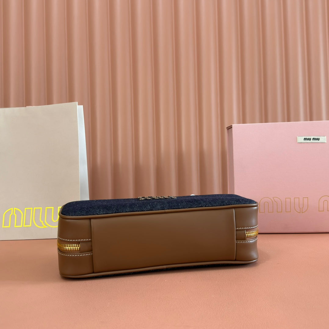 MIU MIU MIUMIU 25S BEAU DENIM BAG 28 IN DARK BLUE DENIM AND BROWN CALFSKIN