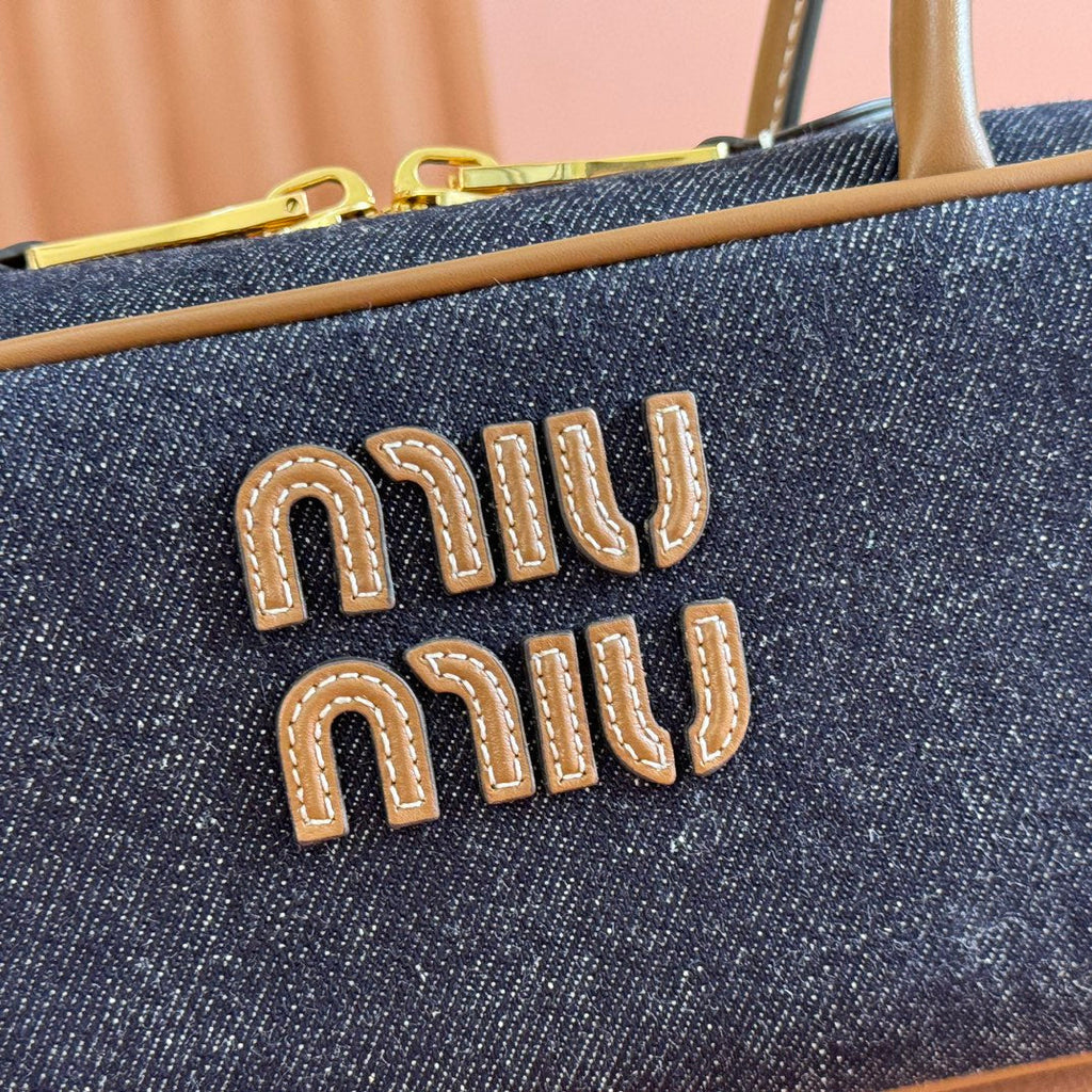 MIU MIU MIUMIU 25S BEAU DENIM BAG 28 IN DARK BLUE DENIM AND BROWN CALFSKIN