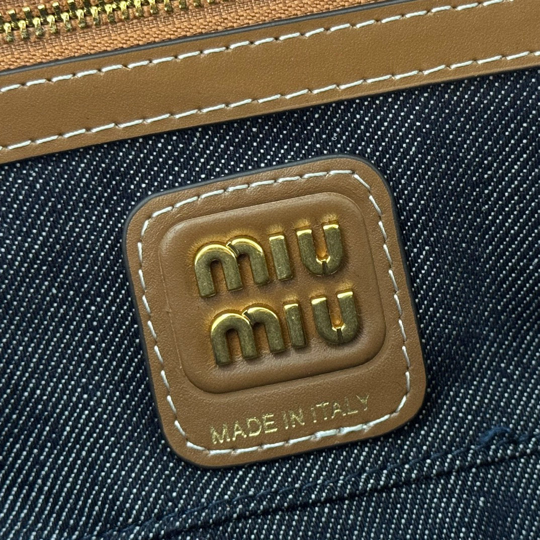 MIU MIU MIUMIU 25S BEAU DENIM BAG 28 IN DARK BLUE DENIM AND BROWN CALFSKIN