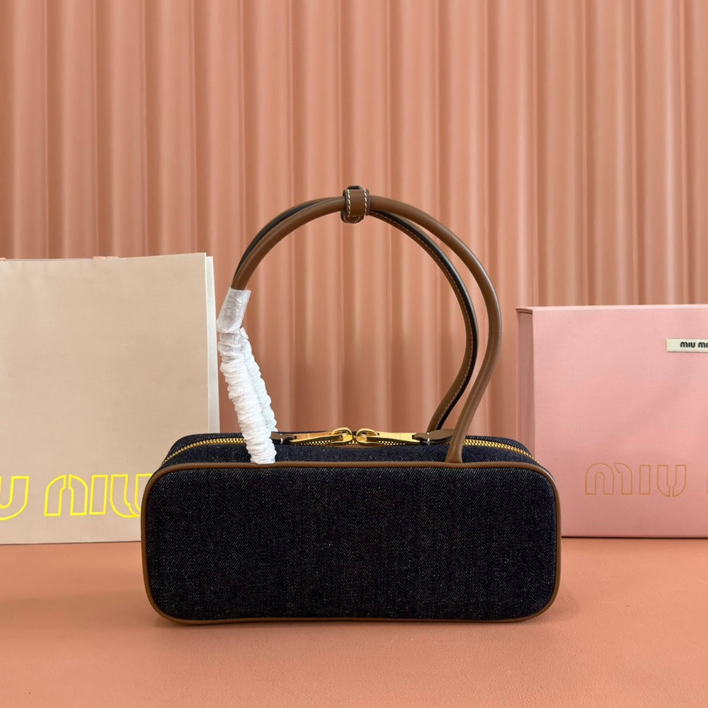 MIU MIU MIUMIU 25S BEAU DENIM BAG 28 IN DARK BLUE DENIM AND BROWN CALFSKIN