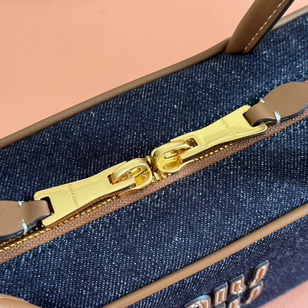 MIU MIU MIUMIU 25S BEAU DENIM BAG 28 IN DARK BLUE DENIM AND BROWN CALFSKIN