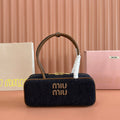 MIU MIU MIUMIU 25S BEAU DENIM BAG 28 IN DARK BLUE DENIM AND BROWN CALFSKIN