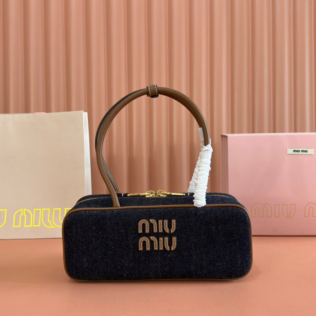 MIU MIU MIUMIU 25S BEAU DENIM BAG 28 IN DARK BLUE DENIM AND BROWN CALFSKIN
